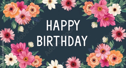 happy birthday word lettering on flowers background