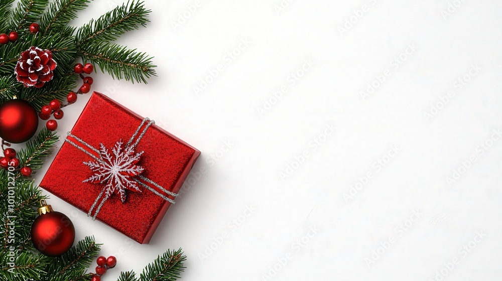 Christmas Gift Box with Pine Branches and Ornaments on White Background Christmas Gift Box with Pine Branches and Ornaments on White Background