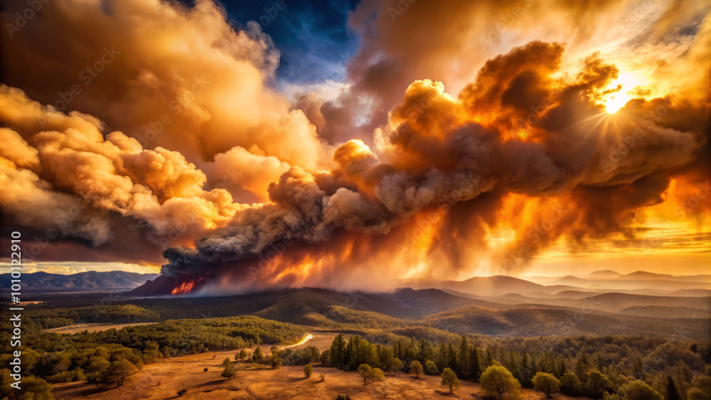 Fototapeta premium dramatic scene unfolds as thick, dark smoke billows into sky, casting orange glow over landscape. sun peeks through clouds, illuminating rolling hills below, creating striking contrast between