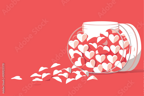 A jar overflowing with heart-shaped candies, some spilling out onto a red surface.