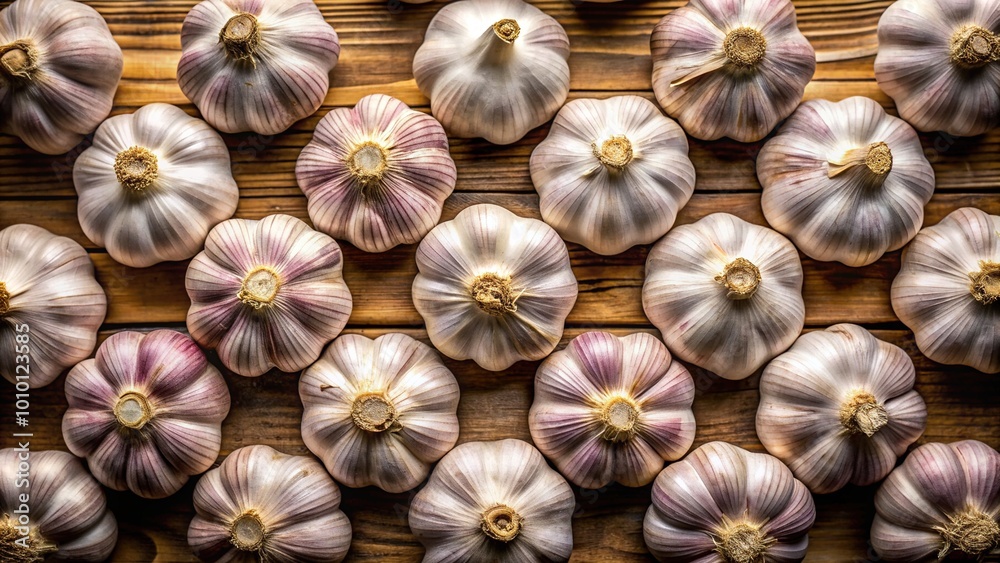 Close-up of fresh bulbs of garlic arranged in a geometric pattern on a rustic wooden table, creating a harmonious balance of textures and shapes. Close-up of fresh bulbs of garlic arranged in a geometric pattern on a rustic wooden table, creating a harmonious balance of textures and shapes.