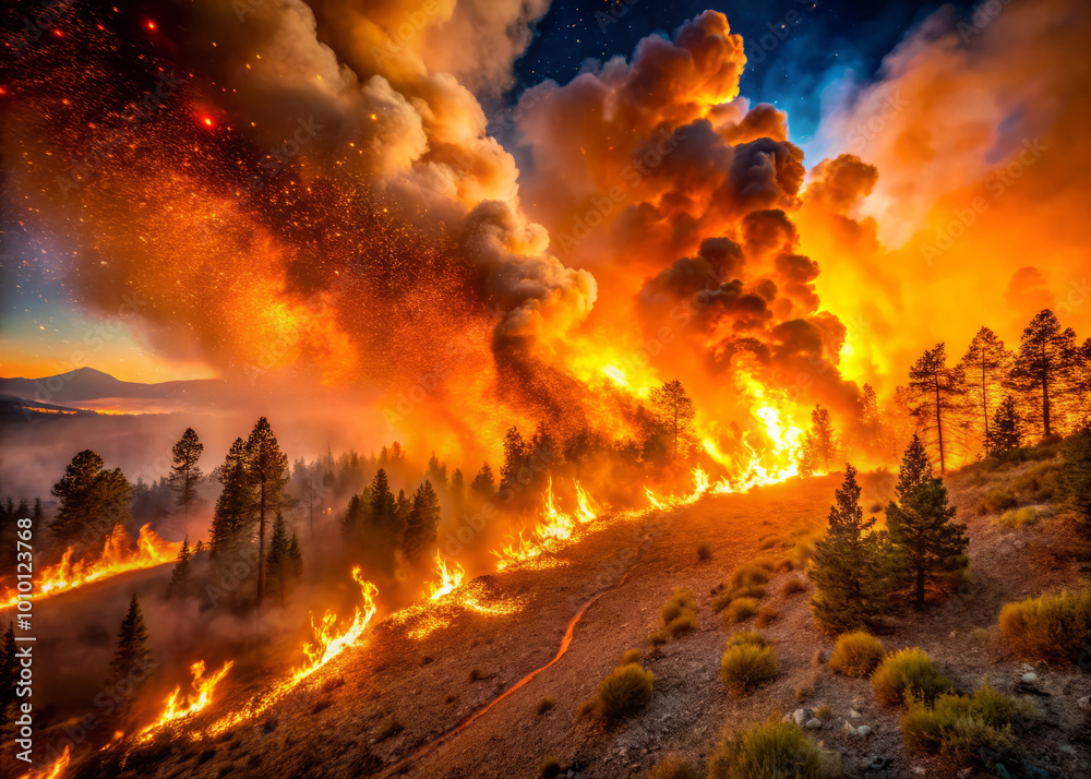 Fototapeta premium dramatic wildfire engulfs forest, with flames and smoke rising against twilight sky. scene captures intensity of natures power and impact of fire on landscape