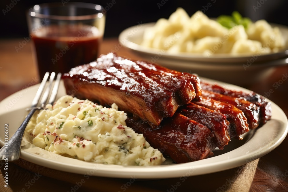 Glazed Ribs with Creamy Mashed Potatoes and a Side of Sauce
