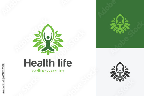 Healthy life for yoga leaf logo icon design. green leaf growing logo design for wellness center and meditation logo template