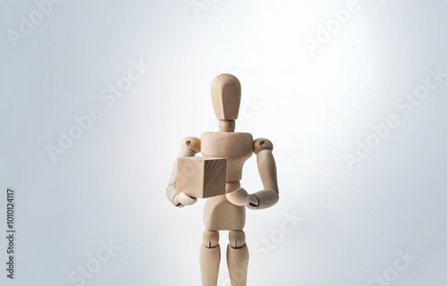 A wooden articulated doll holds a wooden block in its hand. photo