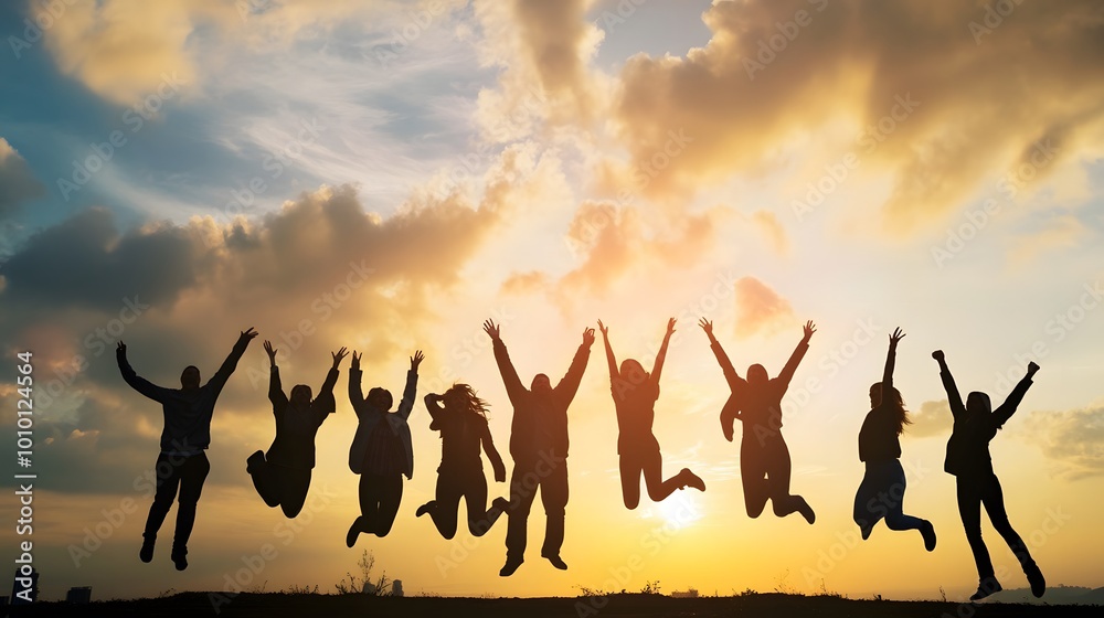 Fototapeta premium Silhouettes of a group of friends jumping in the air with their arms raised at sunset.