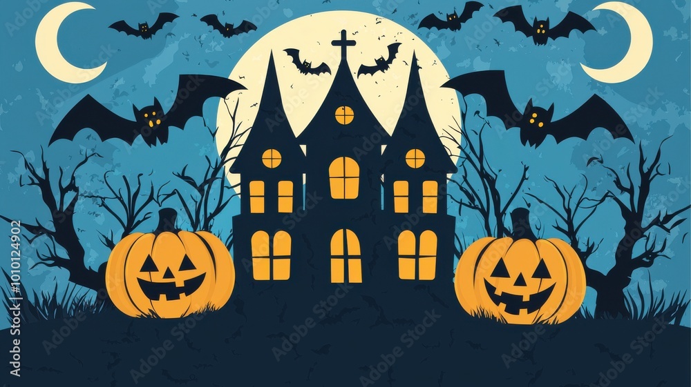 Spooky Halloween scene with bats, pumpkins, and a haunted house on a night background. Spooky Halloween scene with bats, pumpkins, and a haunted house on a night background.