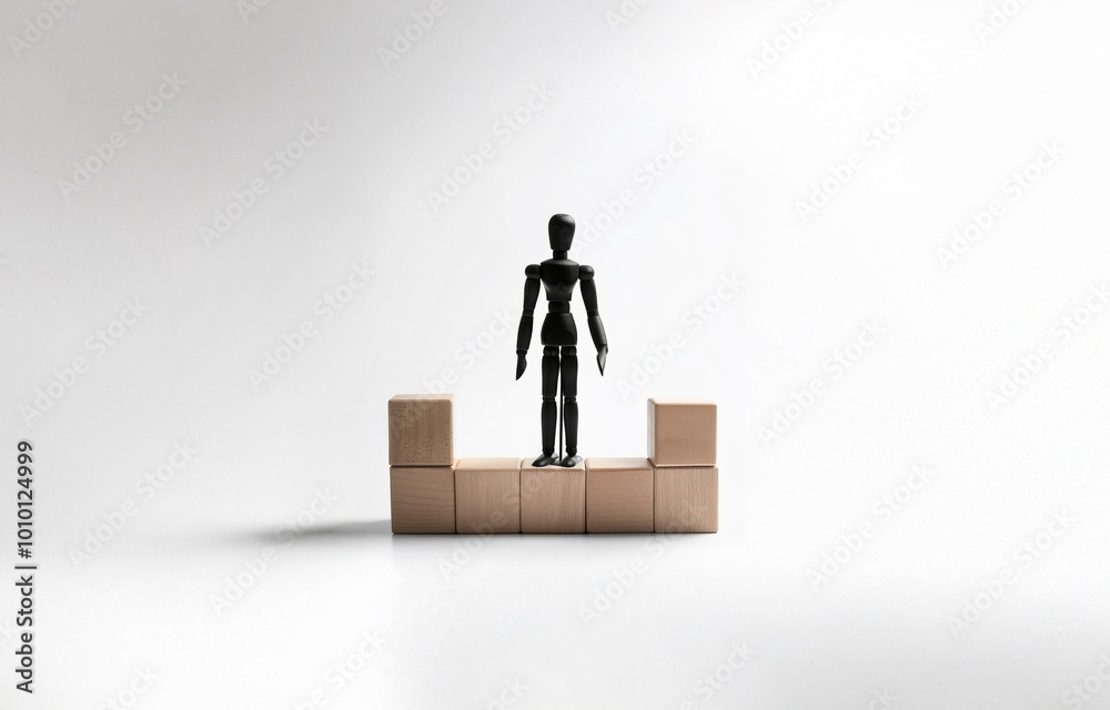 A black wooden figurine stands on a row of three wooden blocks against a white background. A black wooden figurine stands on a row of three wooden blocks against a white background.