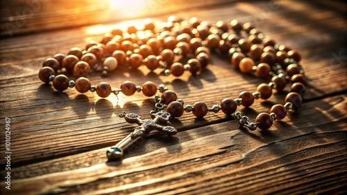 A delicate rosary with intricately designed beads and a small cross lies on a worn wooden table, surrounded by soft morning light and subtle shadows. photo