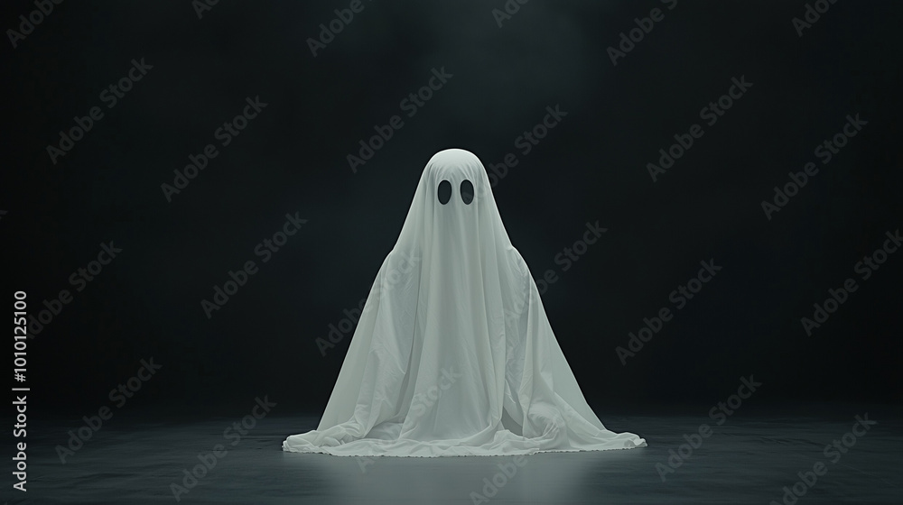Ghostly Figure in the Dark: Eerie, atmospheric image of a classic white sheet ghost in a dimly lit room. Perfect for Halloween, spooky season, or supernatural themes. Ghostly Figure in the Dark: Eerie, atmospheric image of a classic white sheet ghost in a dimly lit room. Perfect for Halloween, spooky season, or supernatural themes.