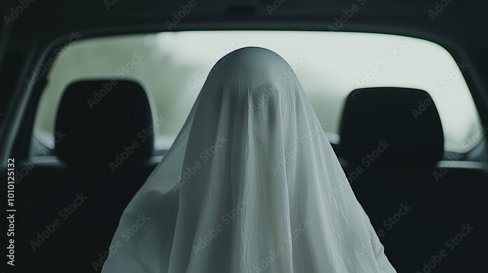 Ghost in the Backseat: Eerie mystery unfolds as a ghostly figure shrouded in white fabric sits in the back of a car, creating a chilling atmosphere of suspense and the unknown. Ghost in the Backseat: Eerie mystery unfolds as a ghostly figure shrouded in white fabric sits in the back of a car, creating a chilling atmosphere of suspense and the unknown.
