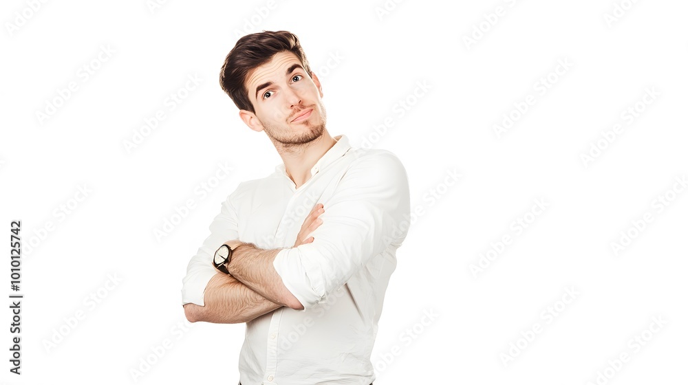 A young man in a white shirt looks up with a thoughtful expression. A young man in a white shirt looks up with a thoughtful expression.