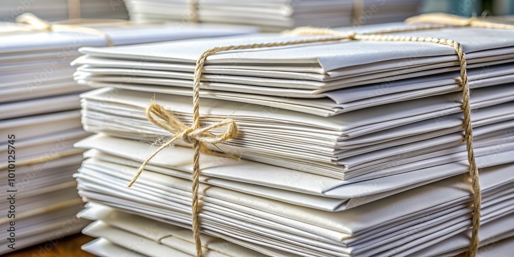 Obraz premium Blurred background emphasizes a neatly arranged stack of large white postal envelopes, tightly bound with rubber bands, awaiting mailing or organization.