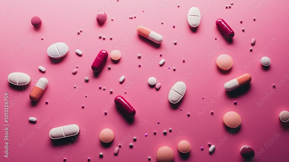 Various pills and capsules scattered on a pink background. Various pills and capsules scattered on a pink background.