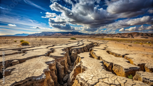 barren, rocky landscape is torn asunder, revealing deep cracks in earth under dramatic sky filled with clouds. scene evokes sense of desolation and natural beauty photo