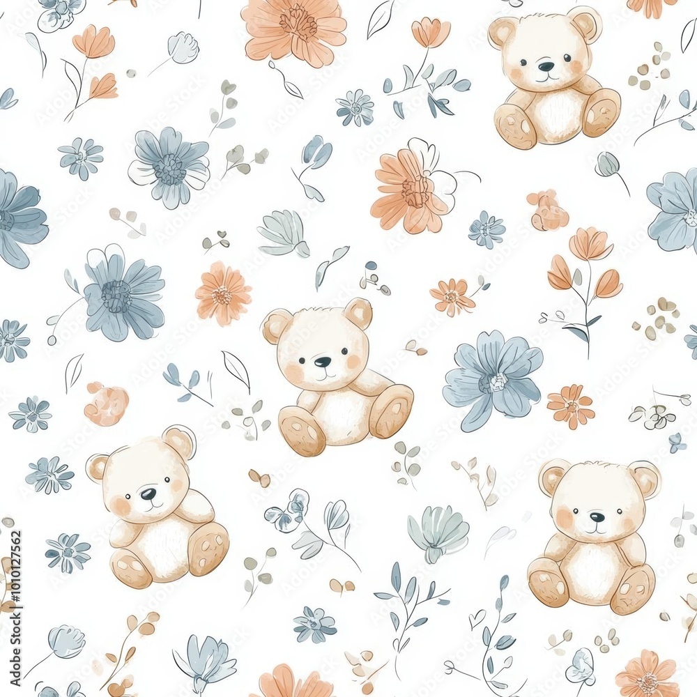 A cute Toile de Jouy pattern with teddy bears and flowers in soft pastel colors on a white background A cute Toile de Jouy pattern with teddy bears and flowers in soft pastel colors on a white background