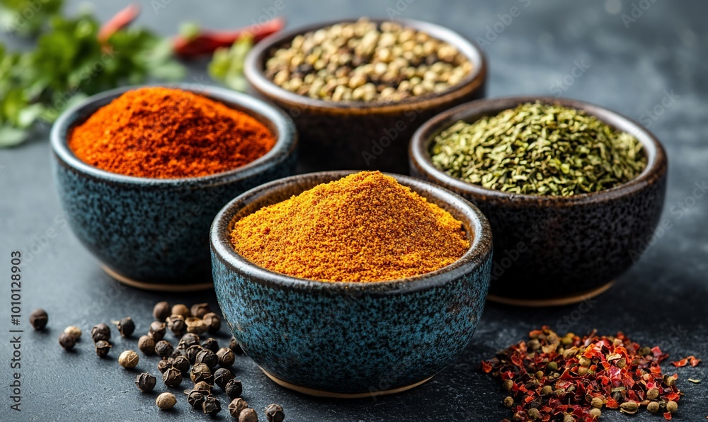 Four bowls of different spices, including paprika, turmeric, coriander, and oregano, with peppercorns scattered around. Four bowls of different spices, including paprika, turmeric, coriander, and oregano, with peppercorns scattered around.