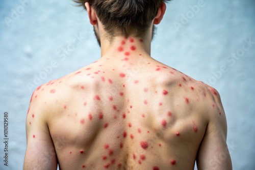 Close-up of a human back with a painful rash, red spots, and blisters, indicating a health problem, possibly monkeypox disease symptoms, with banner and copy space. photo