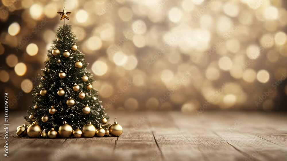 A beautifully decorated Christmas tree with golden ornaments stands proudly in a cozy room, inviting a joyful holiday spirit A beautifully decorated Christmas tree with golden ornaments stands proudly in a cozy room, inviting a joyful holiday spirit