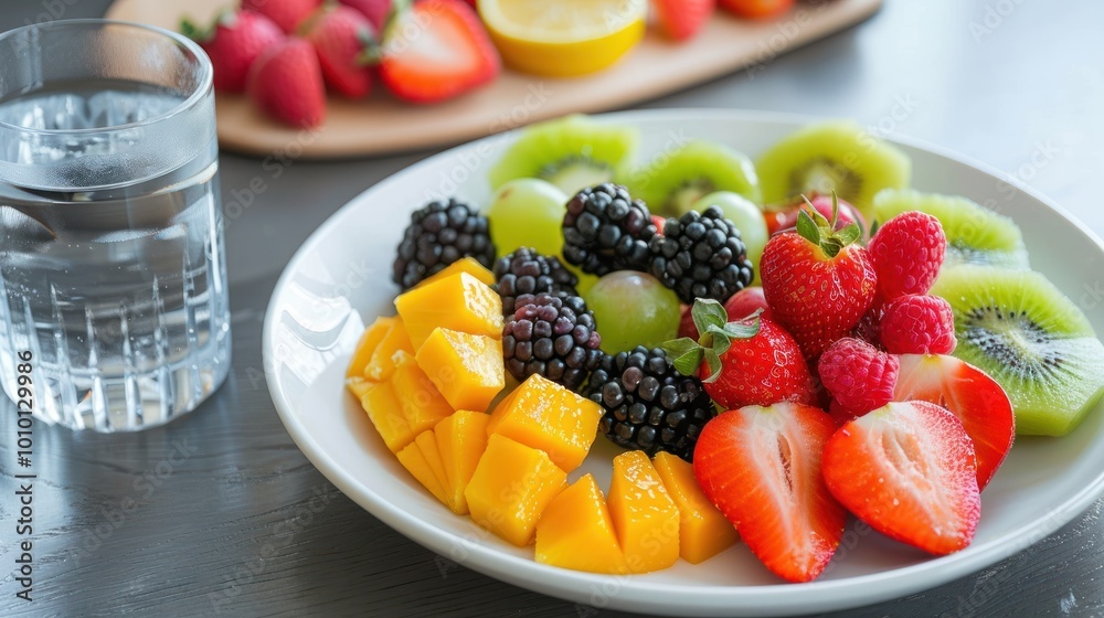 A close-up shot of a colorful fruit platter with strawberries, mango, kiwi, blackberries and grapes, served on a white plate with a glass of water on the side. A close-up shot of a colorful fruit platter with strawberries, mango, kiwi, blackberries and grapes, served on a white plate with a glass of water on the side.