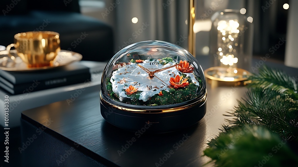 Modern Clock with Flowers and Gold Accents on a Table Modern Clock with Flowers and Gold Accents on a Table