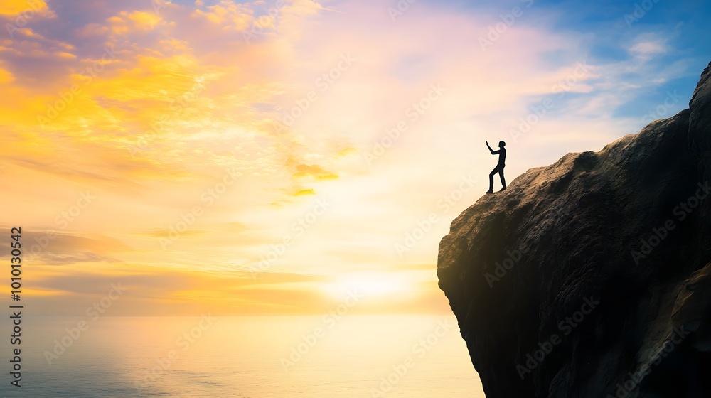 Silhouette of a person standing on a clifftop at sunset, celebrating a successful climb.