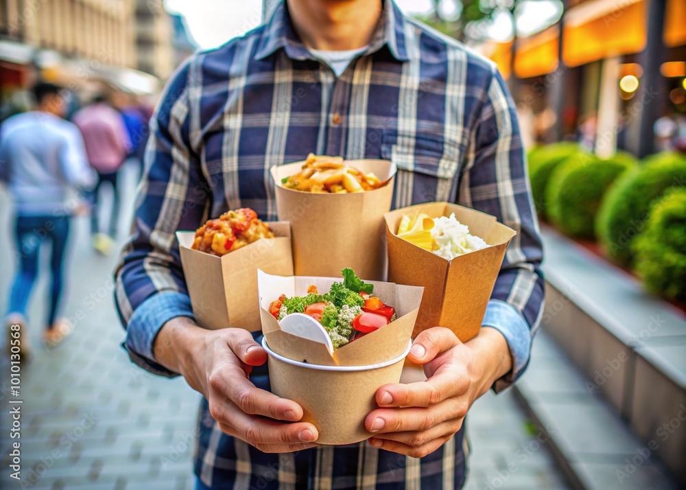 Assorted paper containers filled with various takeaway foods being held by a person, showcasing a vibrant street food or fast food concept in a bustling city. Assorted paper containers filled with various takeaway foods being held by a person, showcasing a vibrant street food or fast food concept in a bustling city.