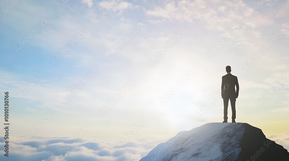 A businessman stands on a mountaintop, looking out over a sea of clouds. A businessman stands on a mountaintop, looking out over a sea of clouds.