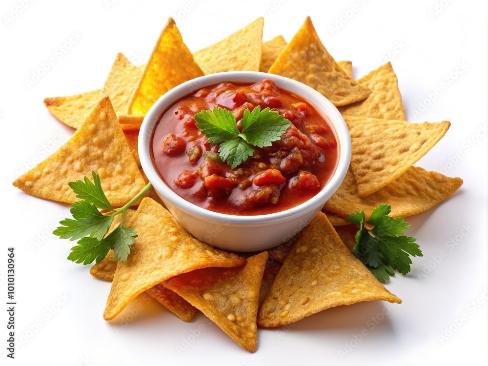 Crunchy corn tortilla chips smothered in vibrant red salsa sauce and arranged artfully on a pristine white background, evoking a craving for a flavorful Mexican snack. Crunchy corn tortilla chips smothered in vibrant red salsa sauce and arranged artfully on a pristine white background, evoking a craving for a flavorful Mexican snack.