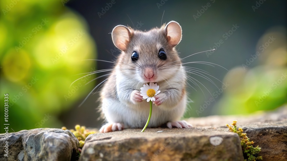 Adorable grey and white rodent with big round eyes and tiny paws holds a small flower in its mouth, sitting on a stone wall. Adorable grey and white rodent with big round eyes and tiny paws holds a small flower in its mouth, sitting on a stone wall.