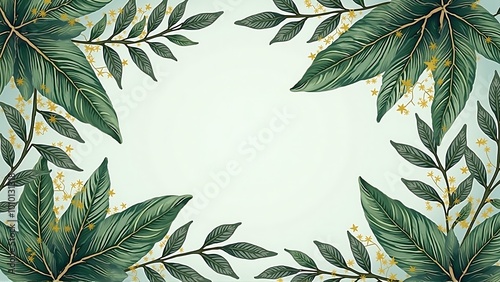 Luxury watercolor background with golden branches and leaves in line art style. Botanical abstract green wallpaper for banner design, textile, print, decor