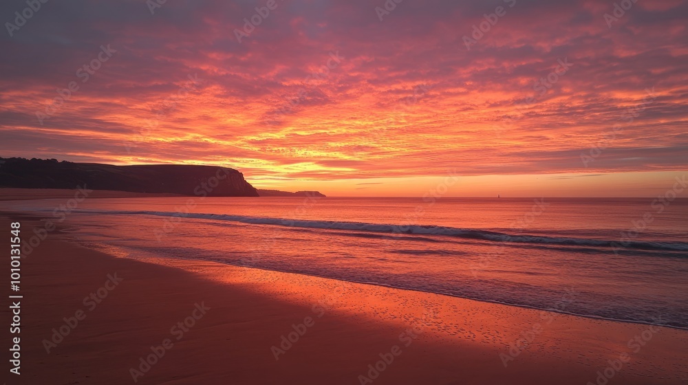 Serene Sunset Over Calm Beach Waters Serene Sunset Over Calm Beach Waters