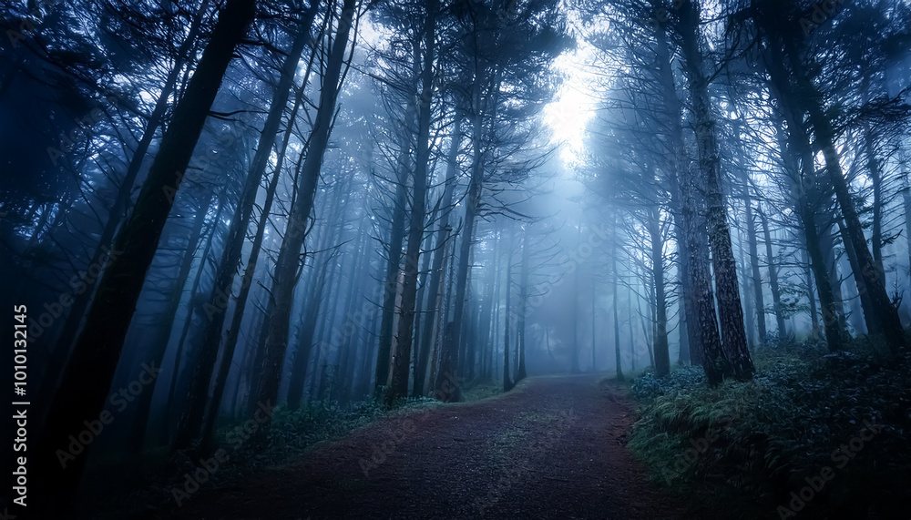 Naklejka premium forest, morning, mist, road, following, tree, fog, suspicious, mystery, scary, wonder, landscape, horror