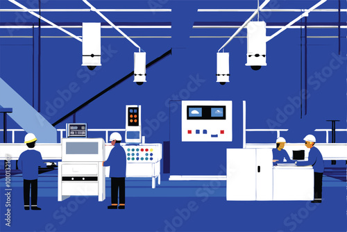 Generate a minimalist vector illustration of a factory floor with large machinery, workers, and security cameras.