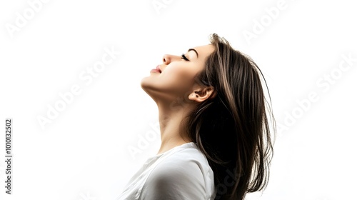 Woman with long dark hair, eyes closed, head tilted back.