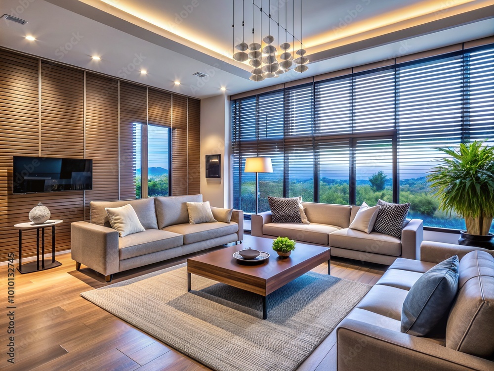 Fototapeta premium Modern luxurious living room with automated blinds, smart thermostat, and voice-controlled lights, showcasing advanced technology integration for a comfortable and efficient home.