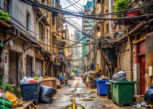Overflowing dumpsters, tangled wires, and weathered billboards congest a grimy alleyway, exemplifying urban neglect and environmental degradation through rampant visual pollution. photo
