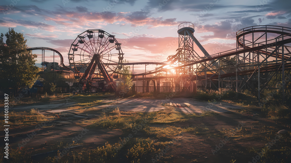 Abandoned amusement park at twilight, bathed in the soft hues of sunset, with rusting rides standing as silent monuments to the past Abandoned amusement park at twilight, bathed in the soft hues of sunset, with rusting rides standing as silent monuments to the past