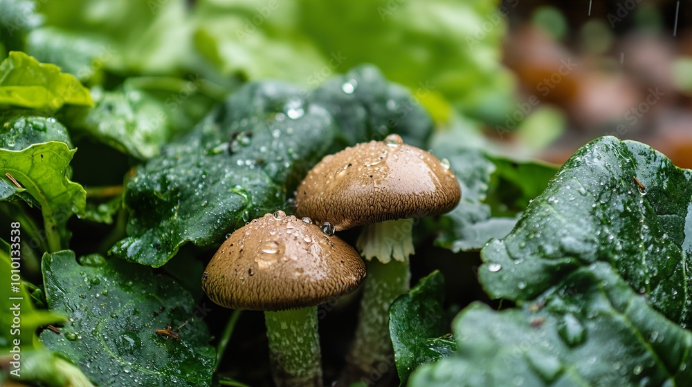 Close-Up of Two Mushrooms Growing in a Forest Close-Up of Two Mushrooms Growing in a Forest