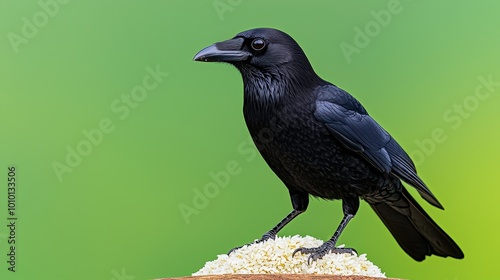 Black Crow Eating Rice Offering During Ritual Bird Wildlife Nature Photography