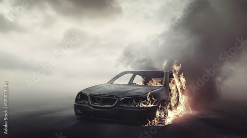 A burnt-out car engulfed in flames against a cloudy sky.