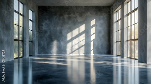 Empty Room with Concrete Walls and Large Windows, 3d Rendering