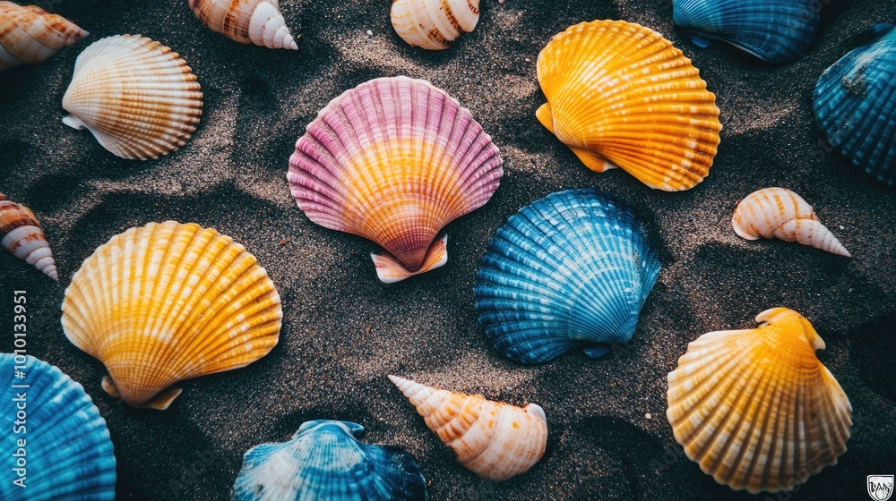 Colorful Seashells on Sandy Beach Surface