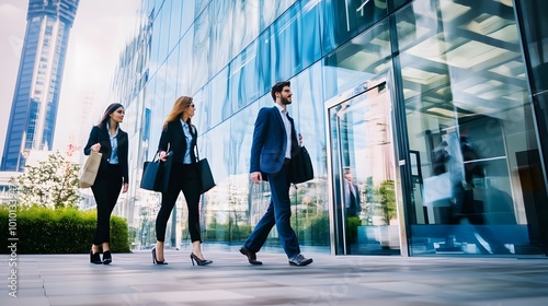 Three business professionals walk past a modern office building.