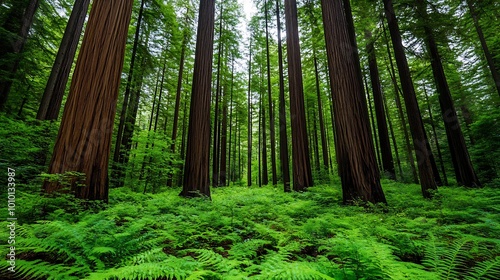 Lush Green Redwood Forest with Fern Groundcover