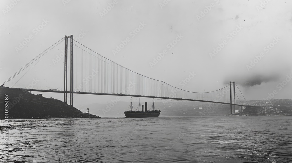 Fototapeta premium A large ship sails under a suspension bridge in a foggy harbor.