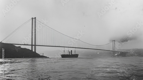 A large ship sails under a suspension bridge in a foggy harbor.