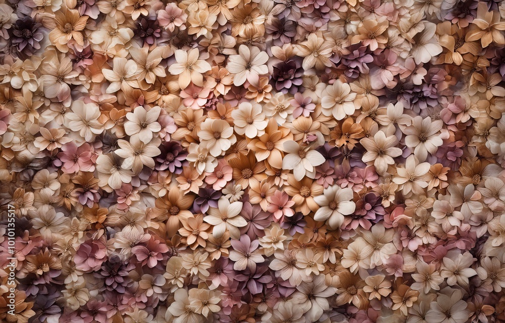 A close-up image featuring a wall covered with delicate paper flowers in shades of beige, brown, and pink. A close-up image featuring a wall covered with delicate paper flowers in shades of beige, brown, and pink.