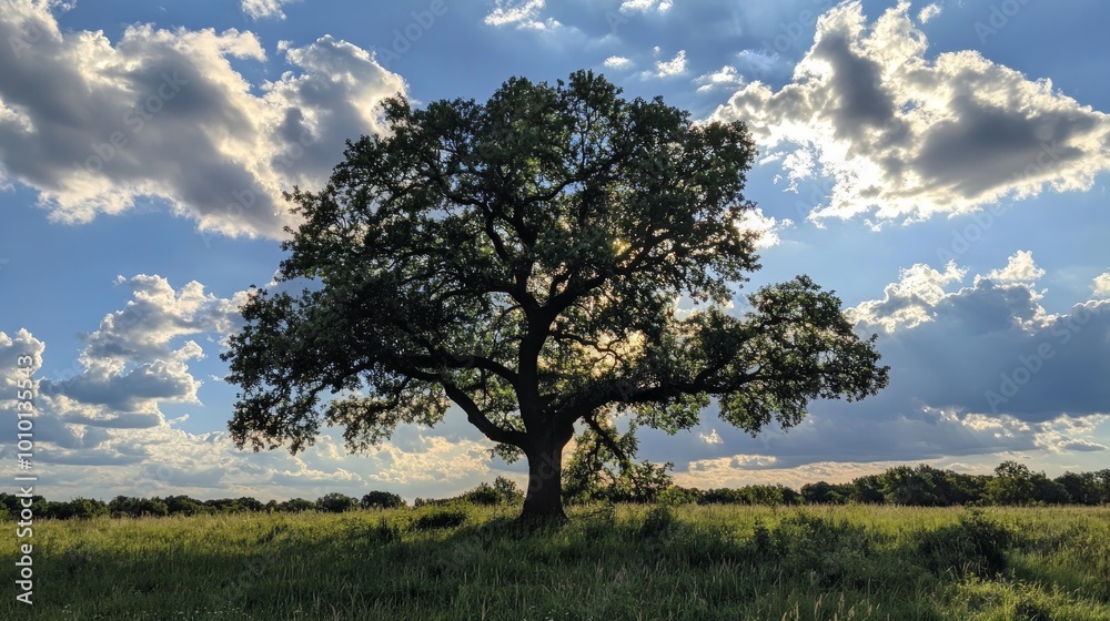 A large oak tree stands tall against a backdrop of a bright blue sky with fluffy white clouds. The sun shines through the branches of the tree, casting a warm glow on the surrounding field. A large oak tree stands tall against a backdrop of a bright blue sky with fluffy white clouds. The sun shines through the branches of the tree, casting a warm glow on the surrounding field.
