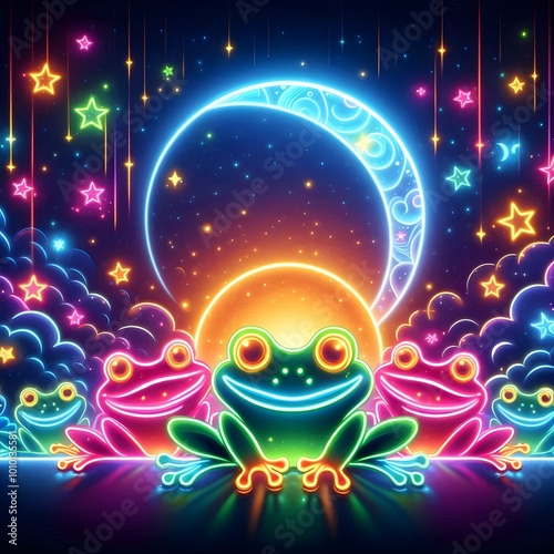 background with glowing colorful neon frog shapes and stars and moon in the night sky